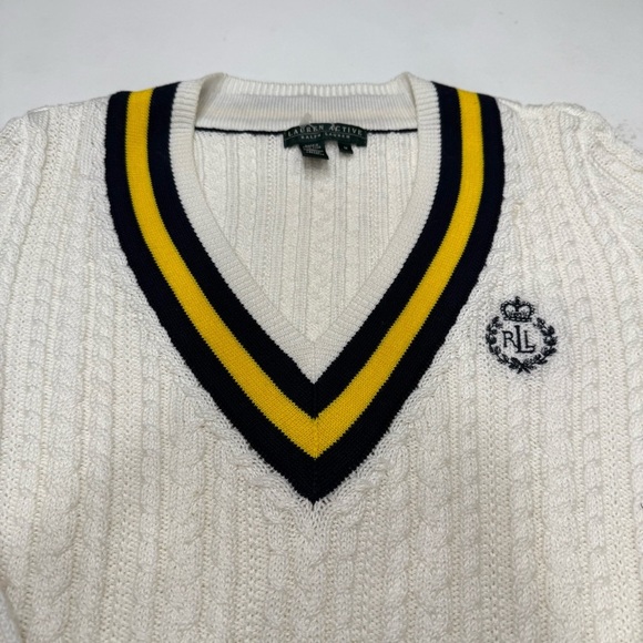 Ralph Lauren Women’s Cable-Knit  V-Neck Sweater White Navy/yellow Trim Sz M - Picture 12 of 16